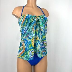 Lauren Ralph Lauren Sz 6 Blue Paisley Overlay One-Piece Swimsuit Halter Coastal